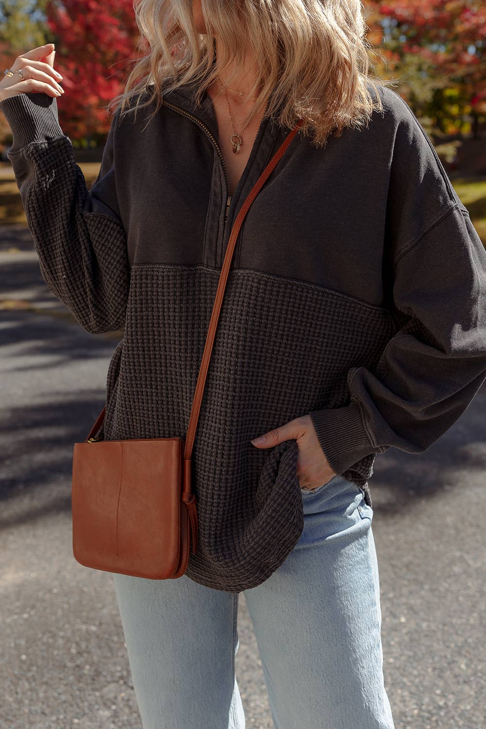 Black Waffle Knit Quarter Zip