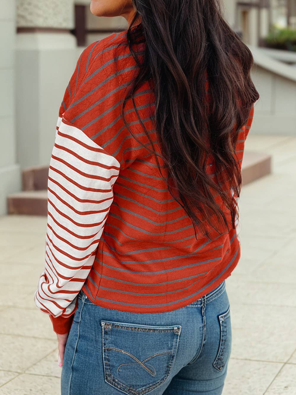 Red & White Striped Drop Shoulder Sweatshirt