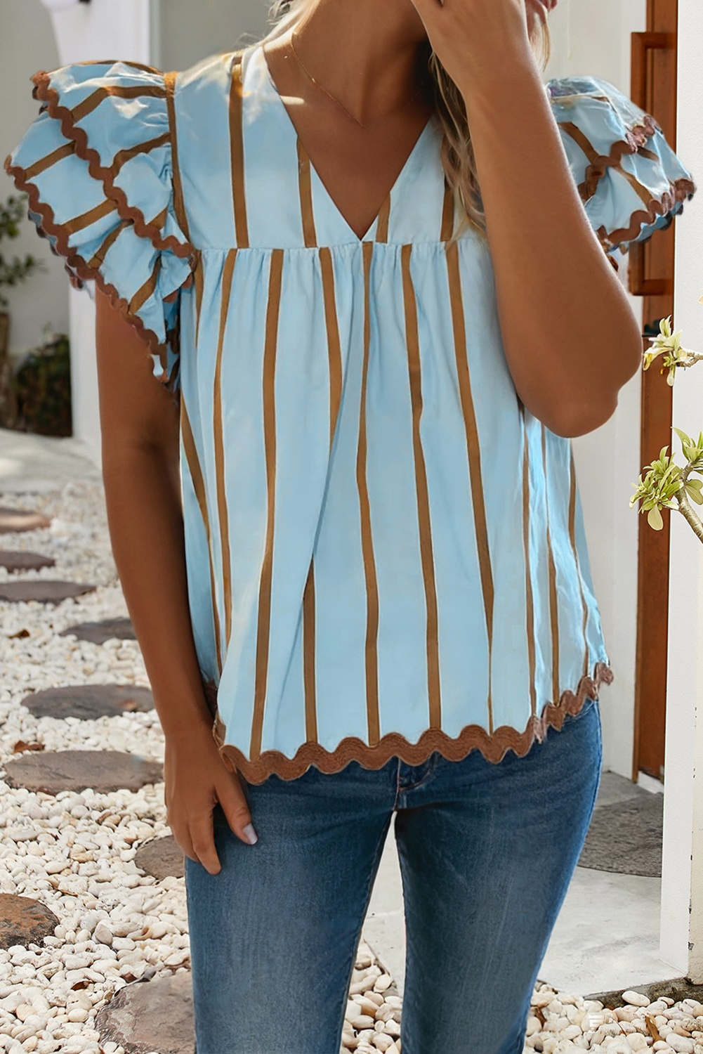 Sky Blue & Tan Trim Double Ruffled Blouse
