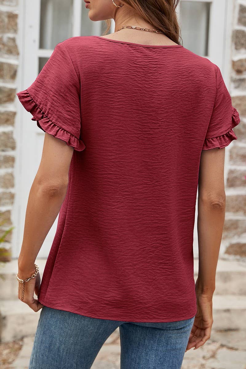 Burgundy Round Neck Ruffle Sleeve Blouse