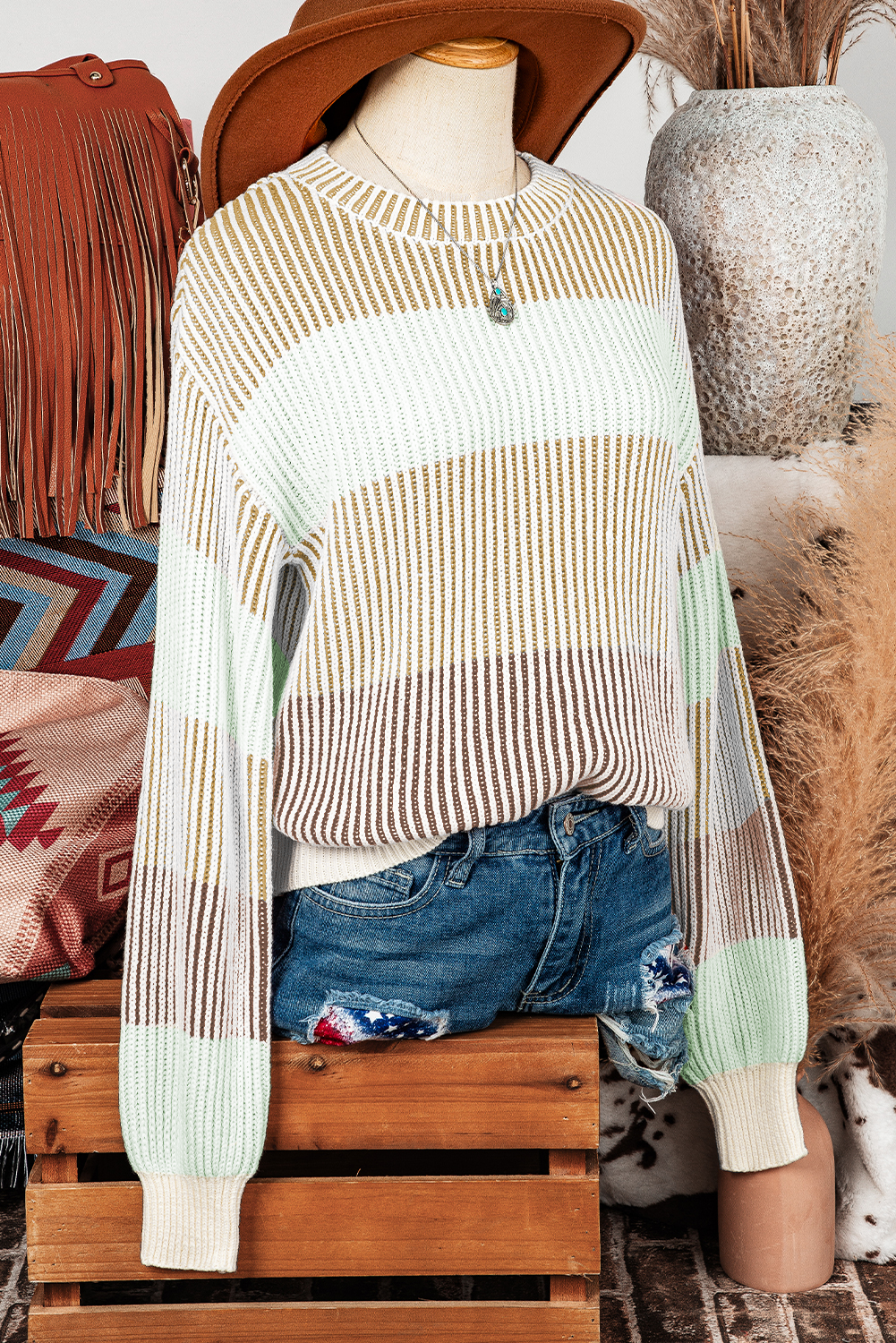 Colorblock Textured Knit Bubble Sleeve Sweater