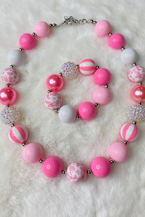 Cute pink cow bubble beads girls necklace & bracelet set
