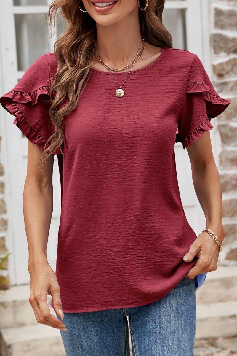 Burgundy Round Neck Ruffle Sleeve Blouse