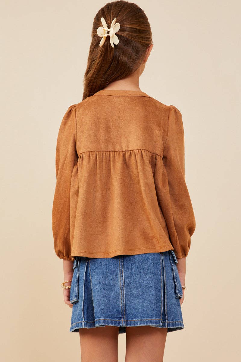 Girls Suede Smocked Baby Doll Top