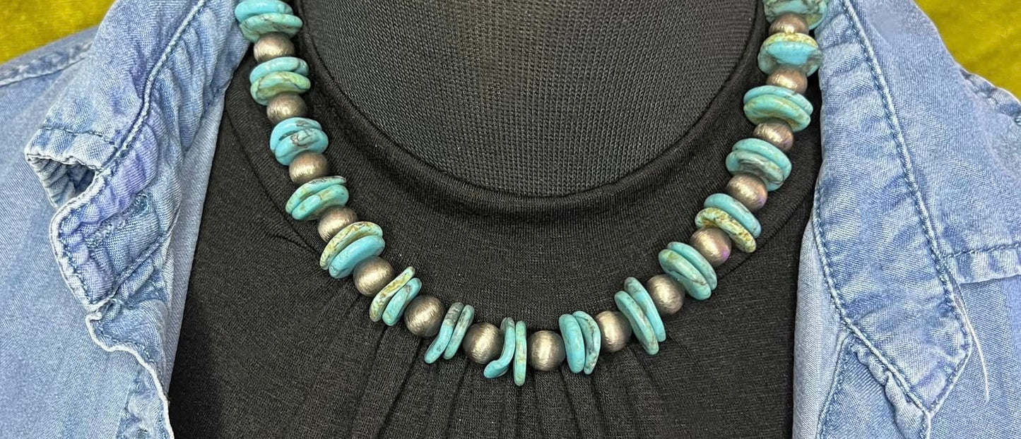 Large Navajo Pearls and Turquoise Stone Necklace