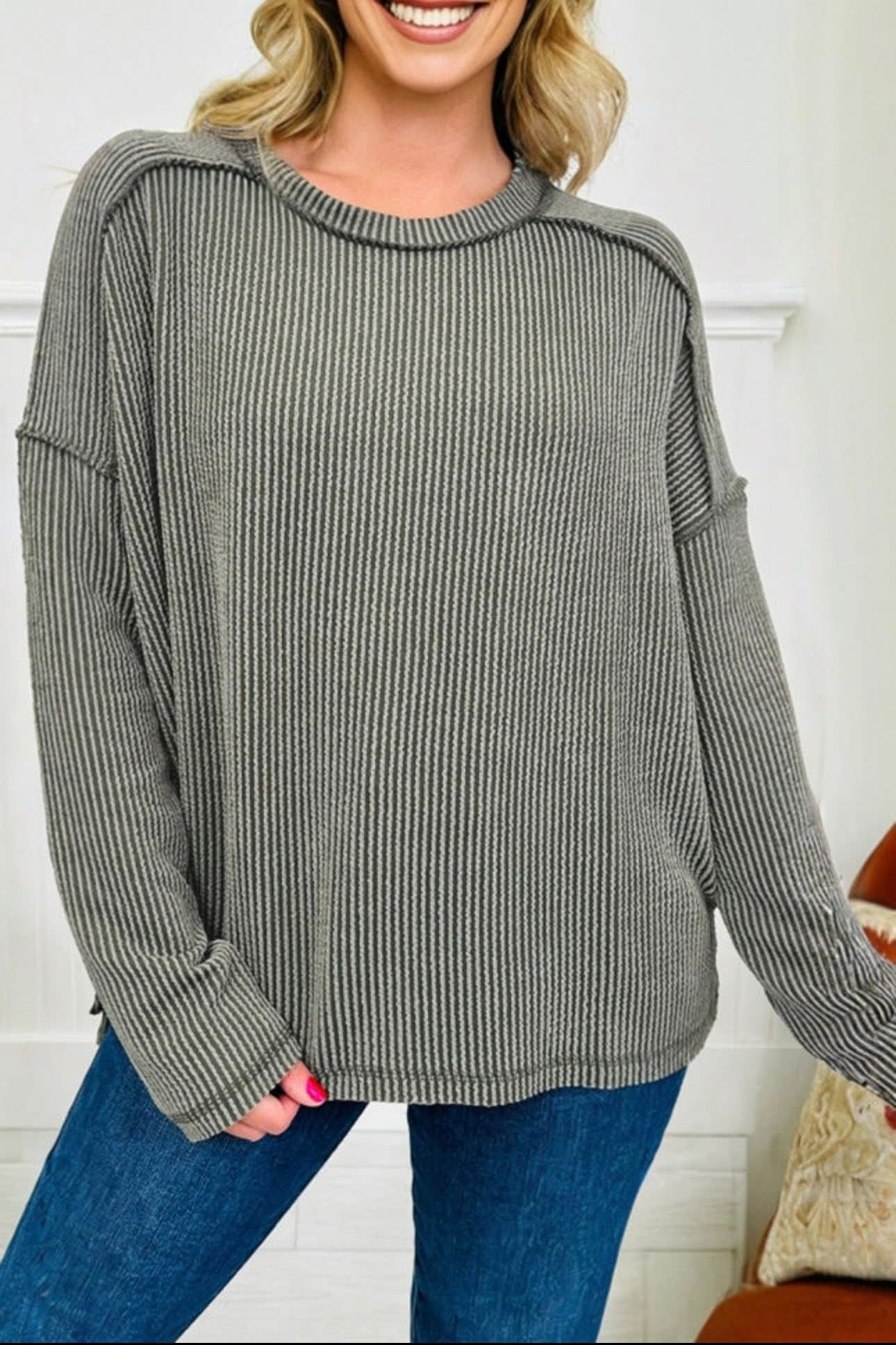 Long Sleeve Olive Ribbed Top