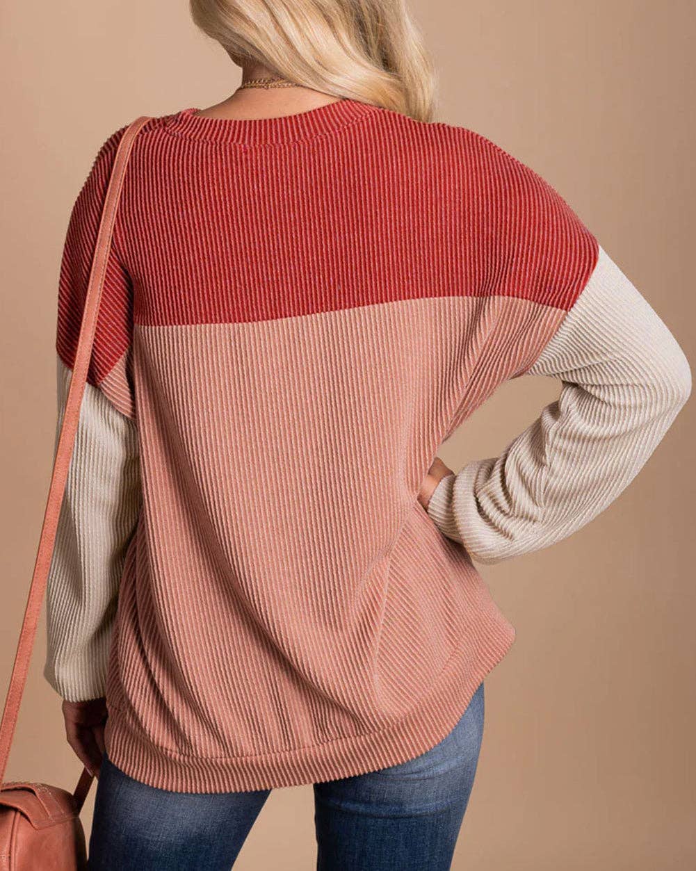 Red Color Block Ribbed Long Sleeve Top
