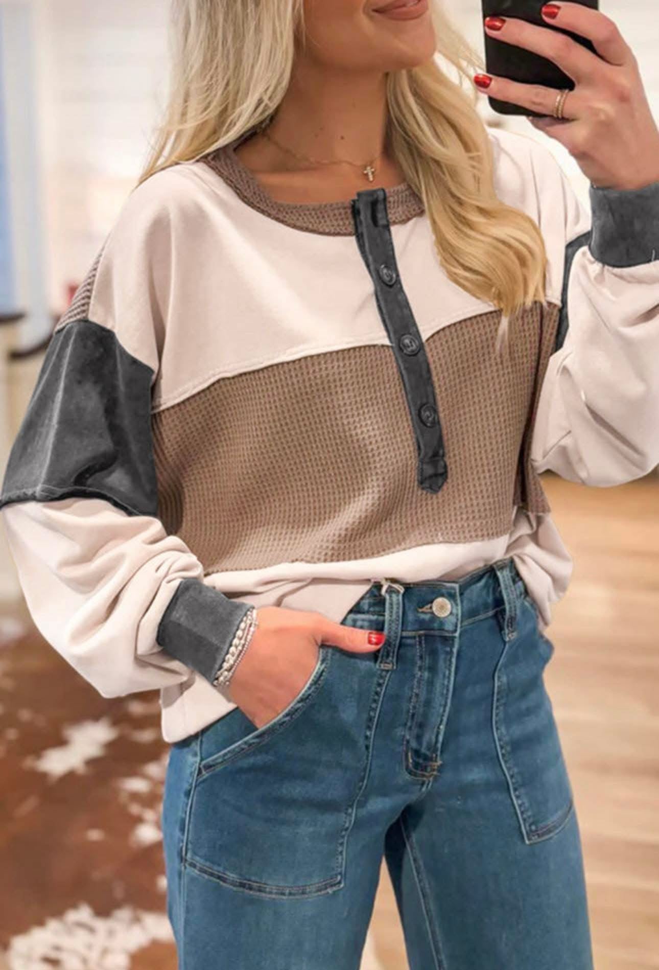 Quarter Buttoned Brown & Tan Waffle Top
