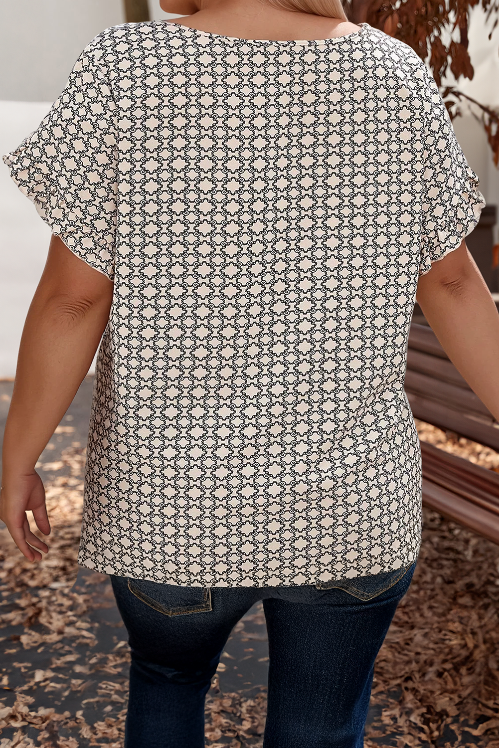 Plus Size Geometric Print Frill Tulip Sleeve Blouse