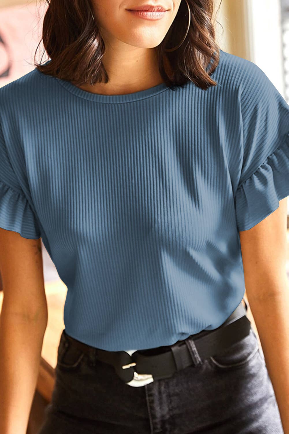 Steel Blue Ruffled Sleeve Top