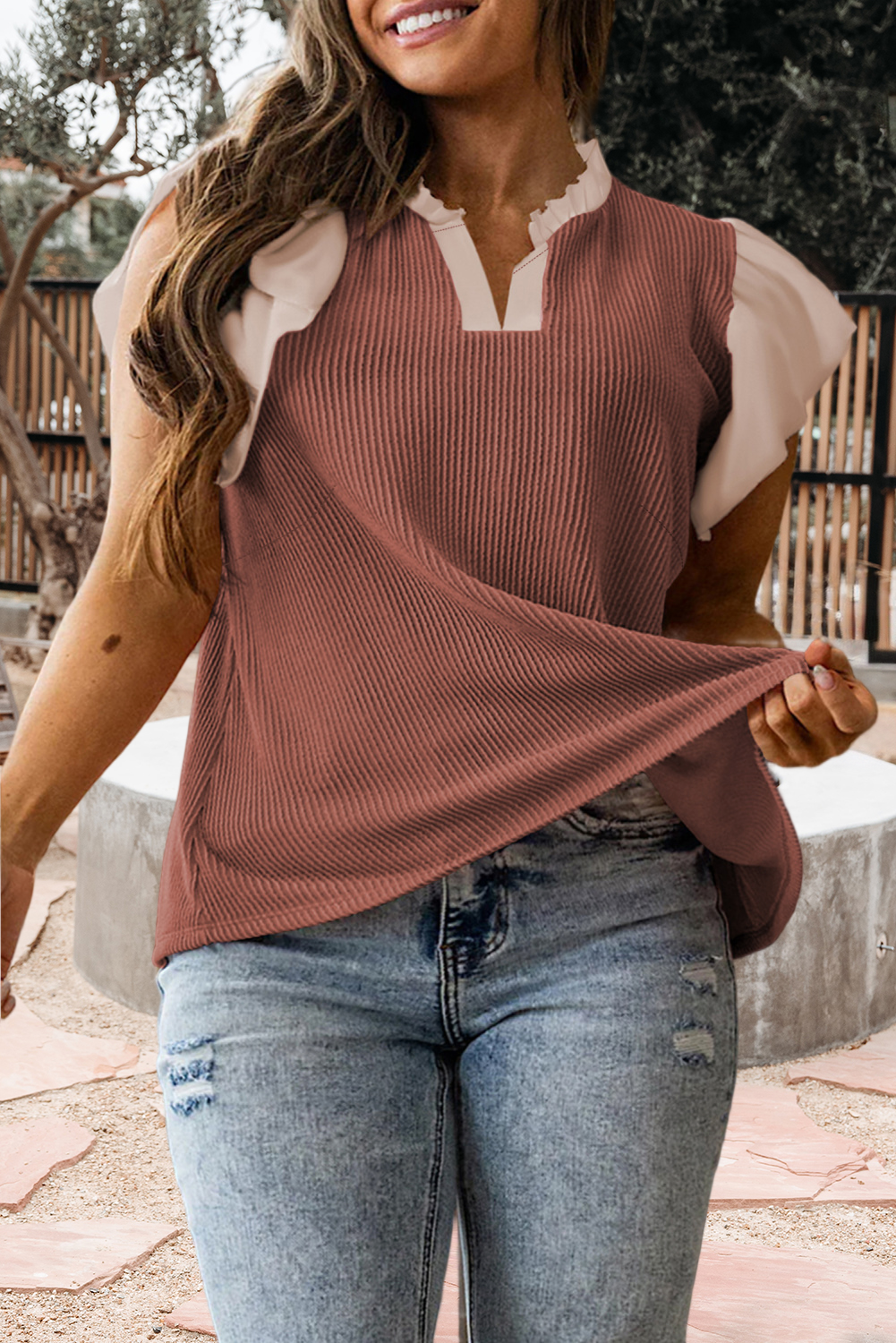 Plus Size Contrast Frilled Neckline Ribbed Textured Blouse