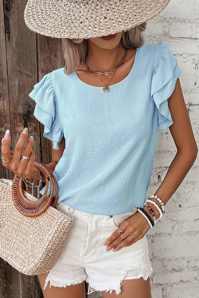 Sky Blue Ruffle Flutter sleeve Top