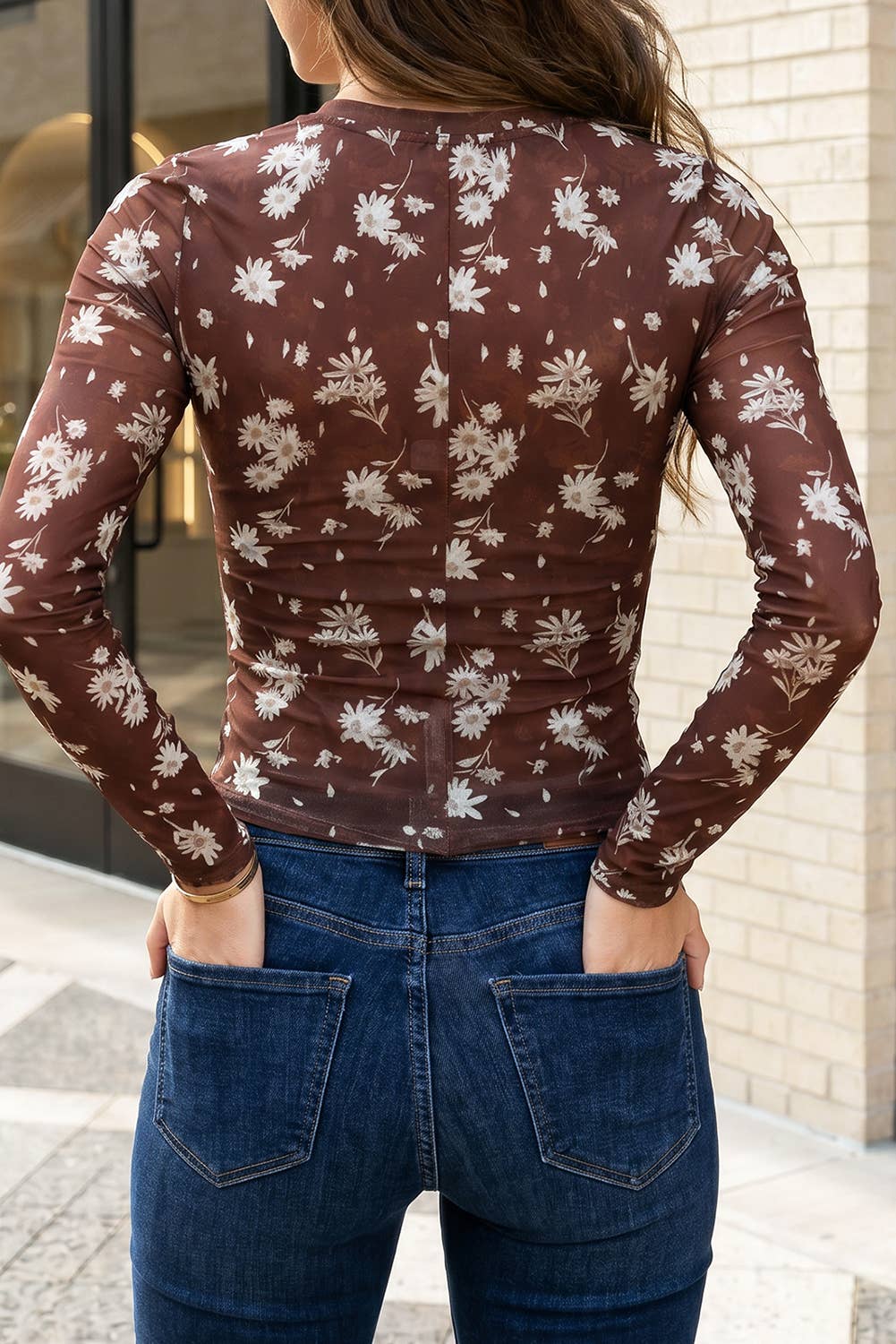 Brown Floral Mesh Top
