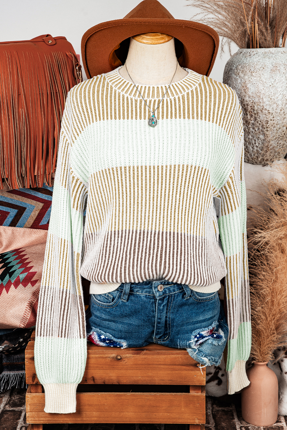Colorblock Textured Knit Bubble Sleeve Sweater