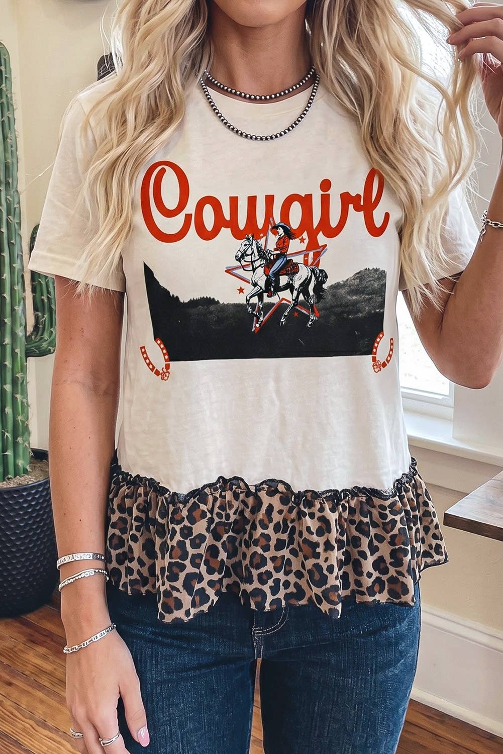 COWGIRL Western Leopard Ruffle Hem Patchwork Top