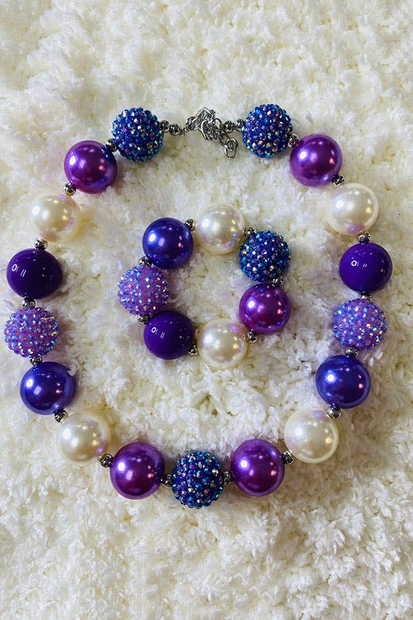 Blue & Purple & Cream bubble girl necklace & bracelet set