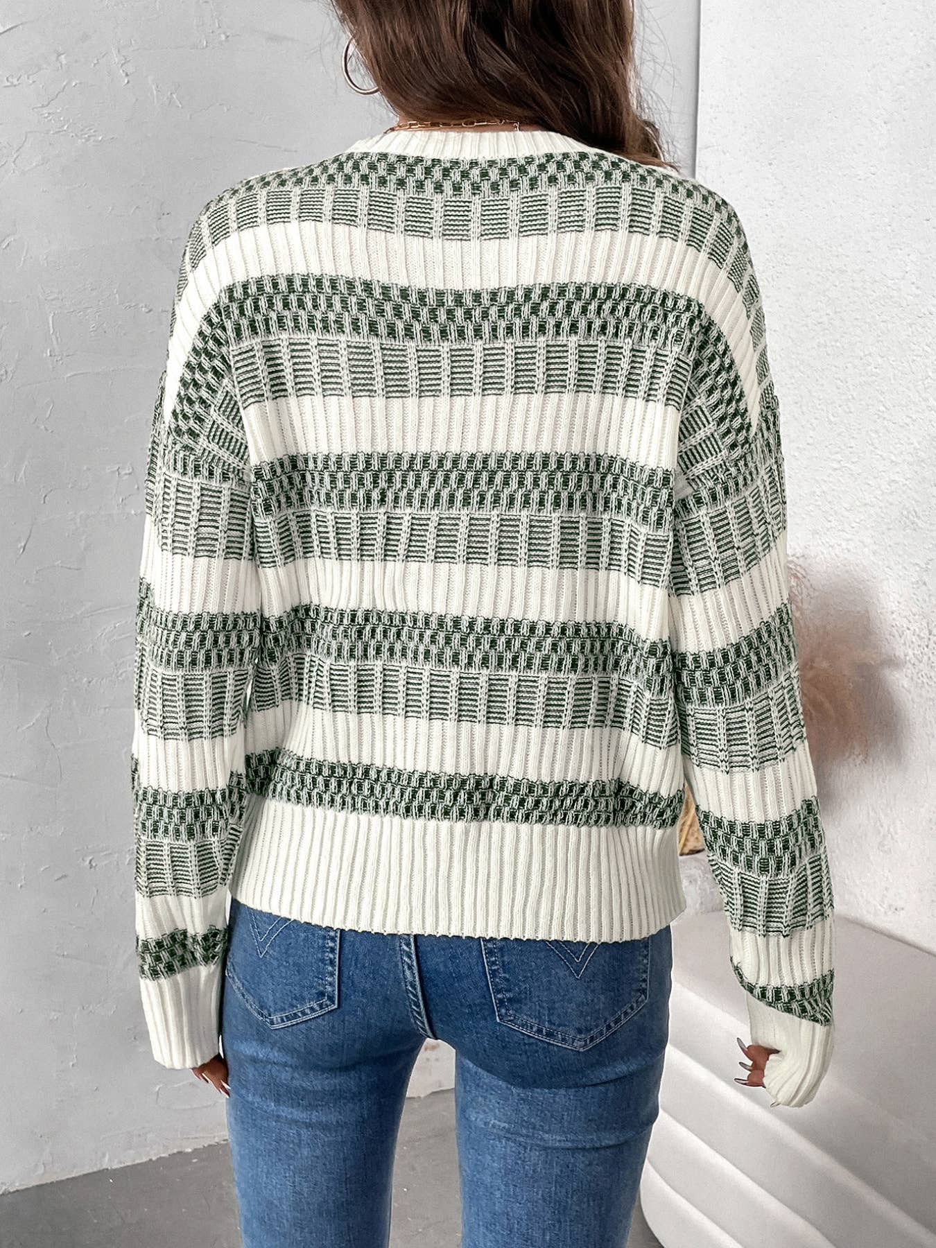 Green & White Textured Stripe Sweater