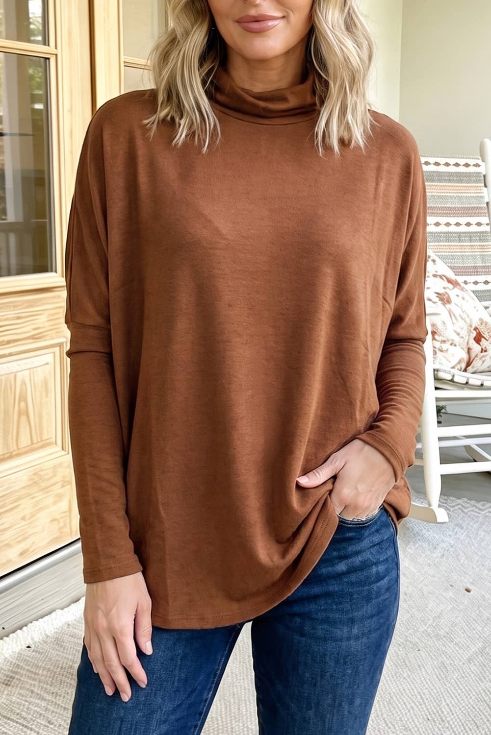 Western Casual Mock Neck Long Sleeve Shift Blouse (S-XL)
