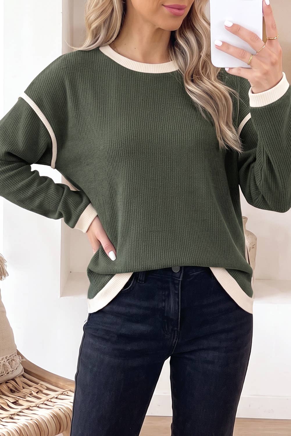 Olive +Tan Trim Knit Sweater
