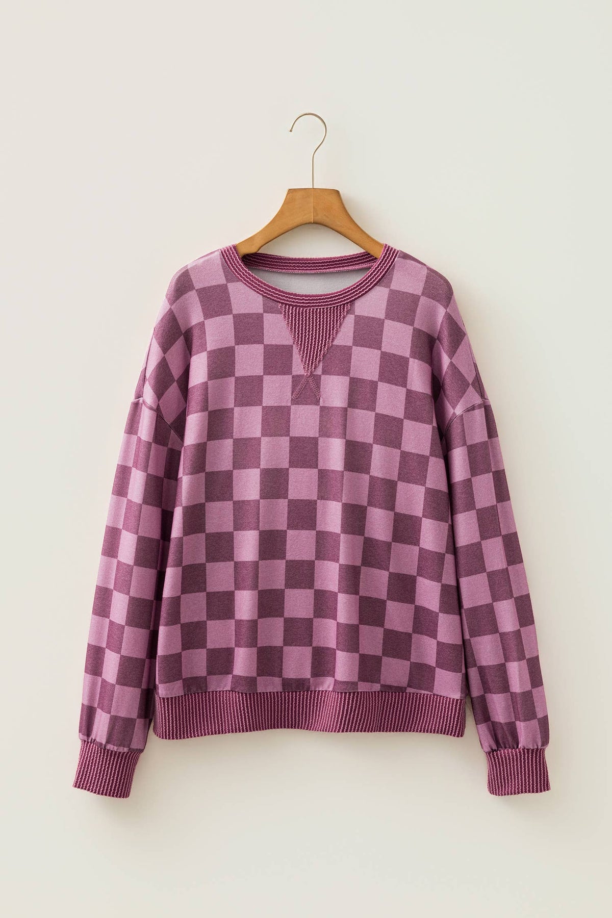 Checkered Ribbed Trim Pullover