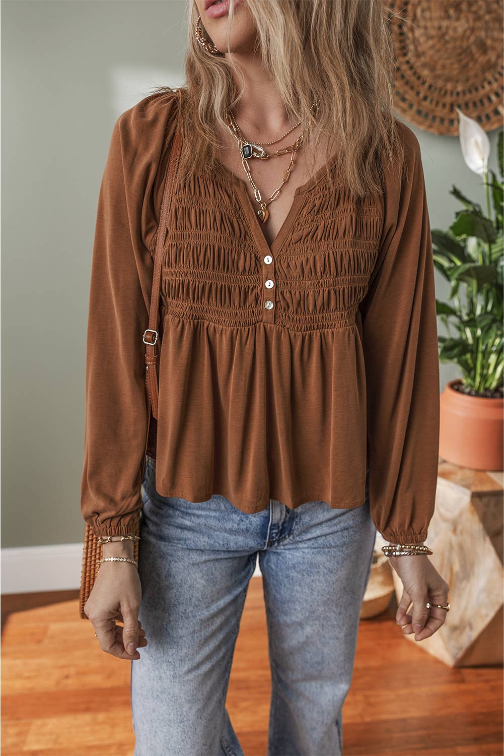 Smocked Bust Buttoned Split V Neck Flow Fit Blouse