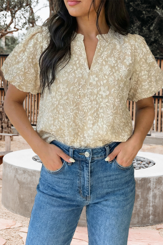 Khaki Floral Textured Puff Sleeve Blouse