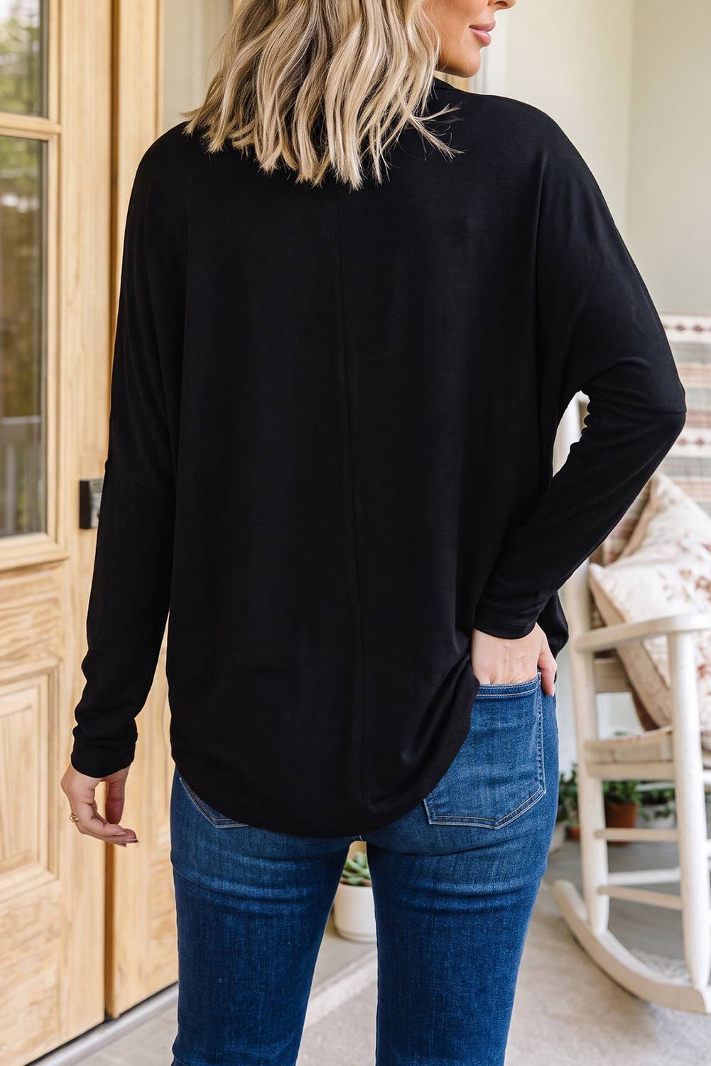 Western Casual Mock Neck Long Sleeve Shift Blouse (S-XL)