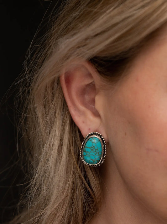 Turquoise Earring with Silver Rope Border