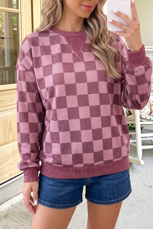 Checkered Ribbed Trim Pullover