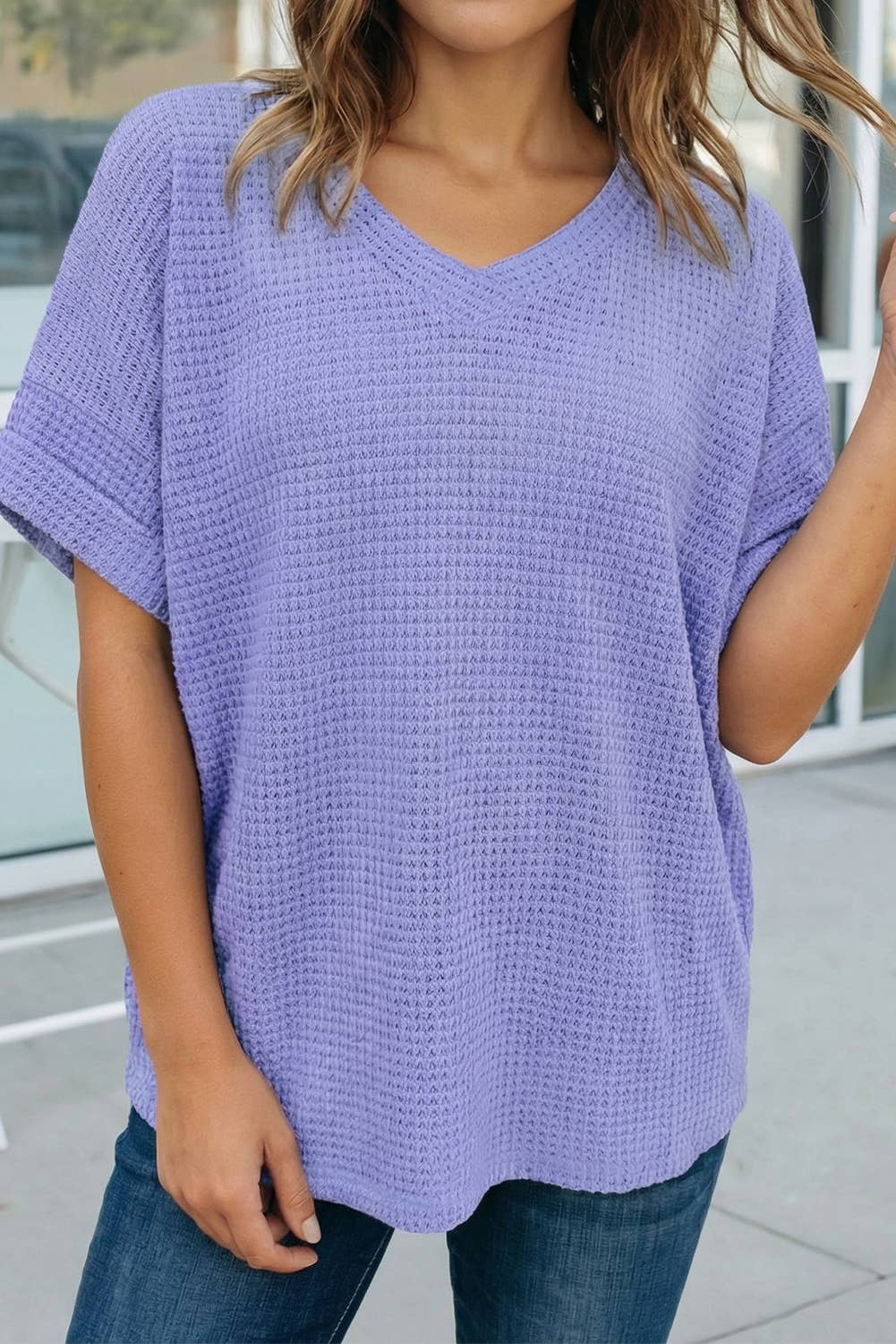 Waffle V Neck Top