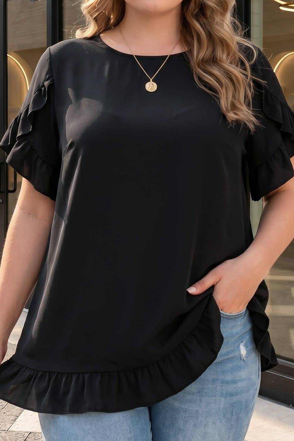 Black Petal Sleeve Plus Size Top
