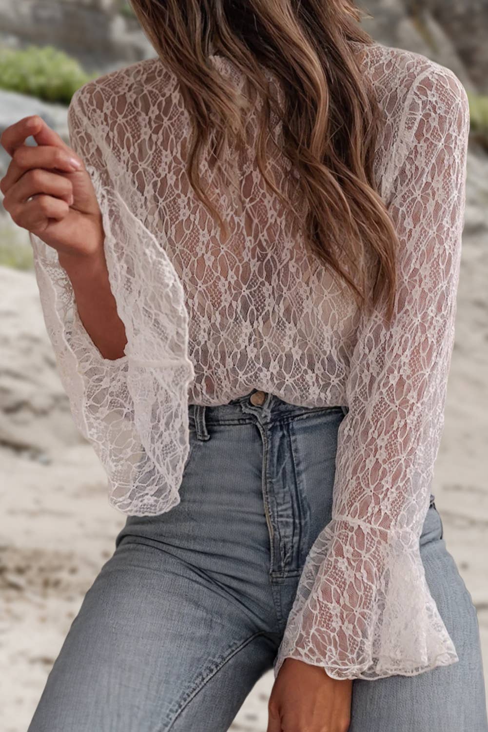 Lace Mesh Bell Sleeve Mock Neck Blouse