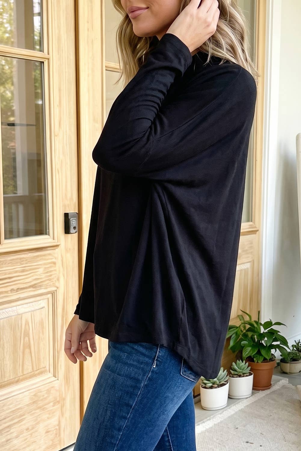 Western Casual Mock Neck Long Sleeve Shift Blouse (S-XL)