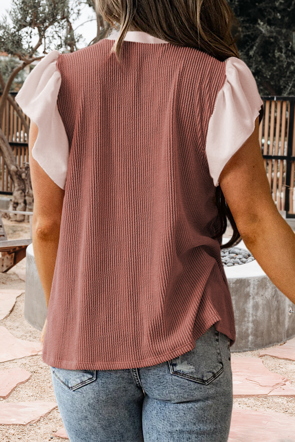 Plus Size Contrast Frilled Neckline Ribbed Textured Blouse