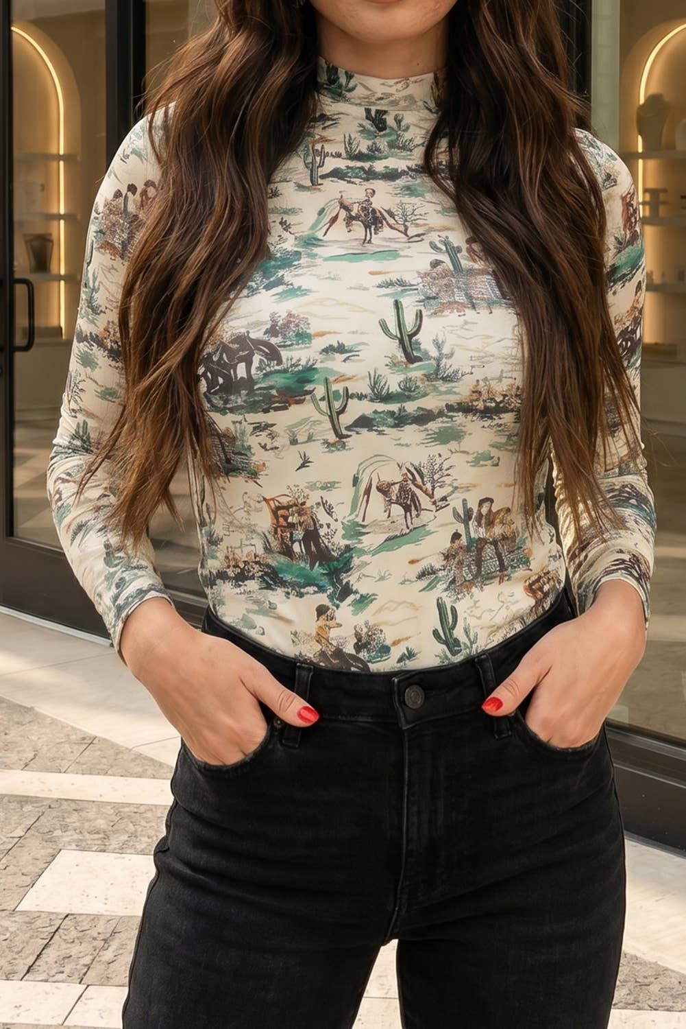 Western Print Mesh Top