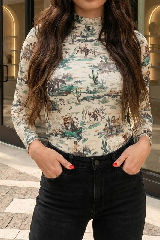 Western Print Mesh Top