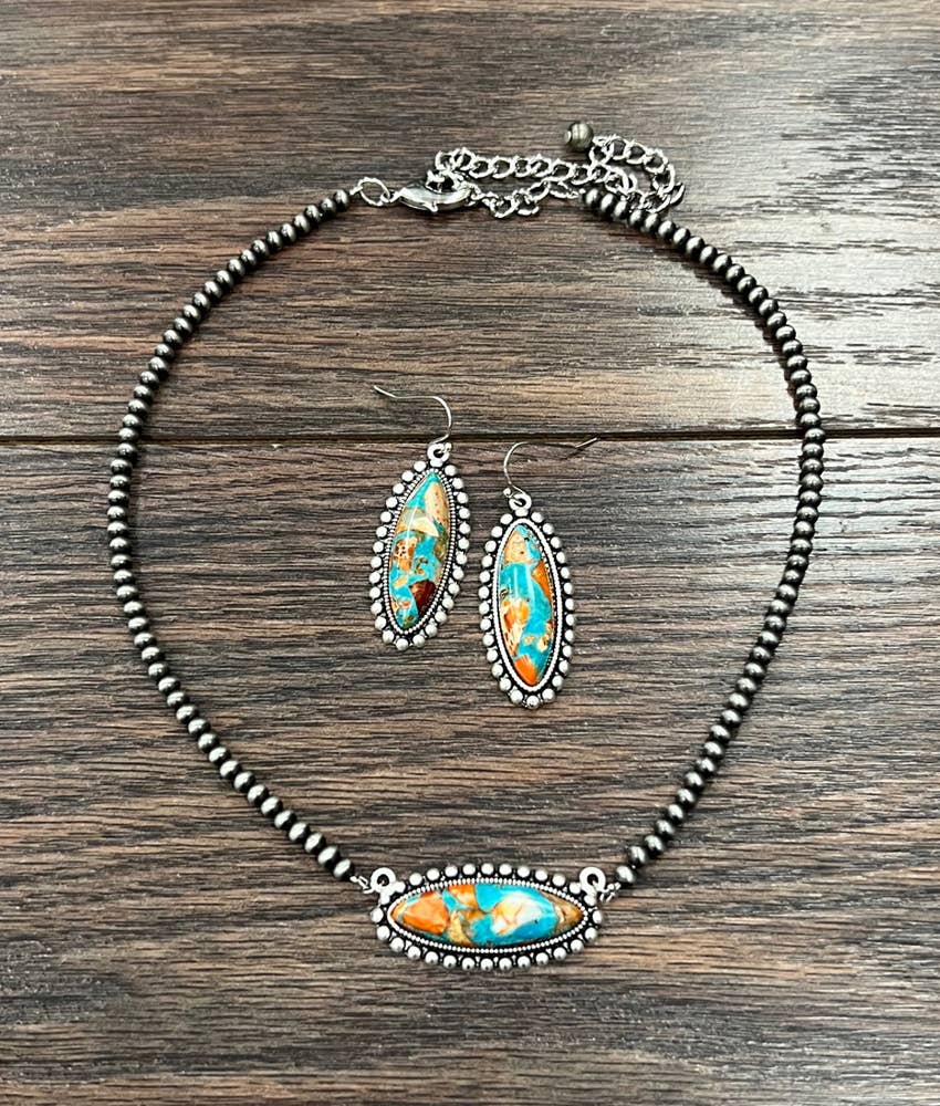 Turquoise & Rust Oval Necklace & Earrings Set