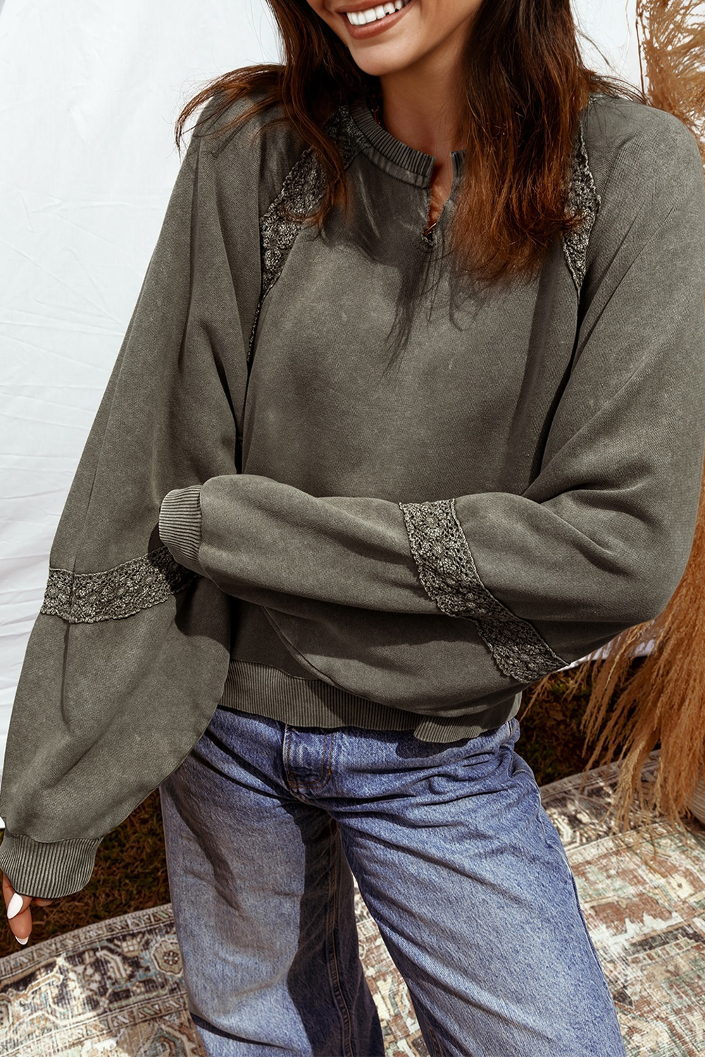 Jungle Green Lace Detail Crewneck