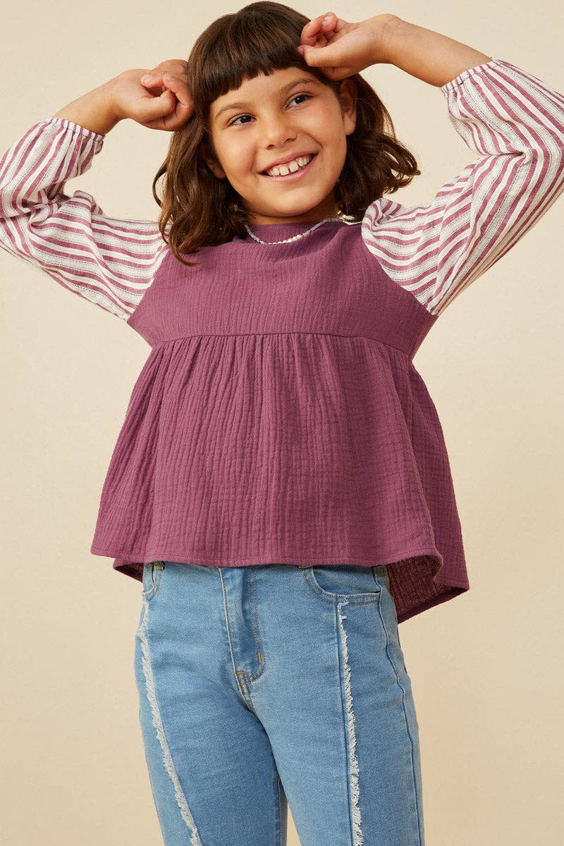 Girls Mix Media Contrast Sleeve Gauze Top