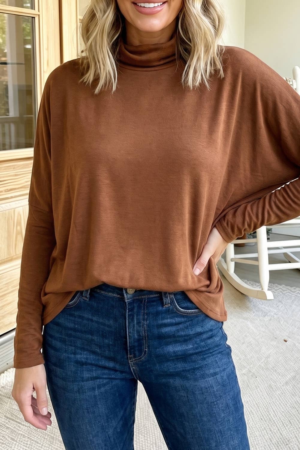 Western Casual Mock Neck Long Sleeve Shift Blouse (S-XL)