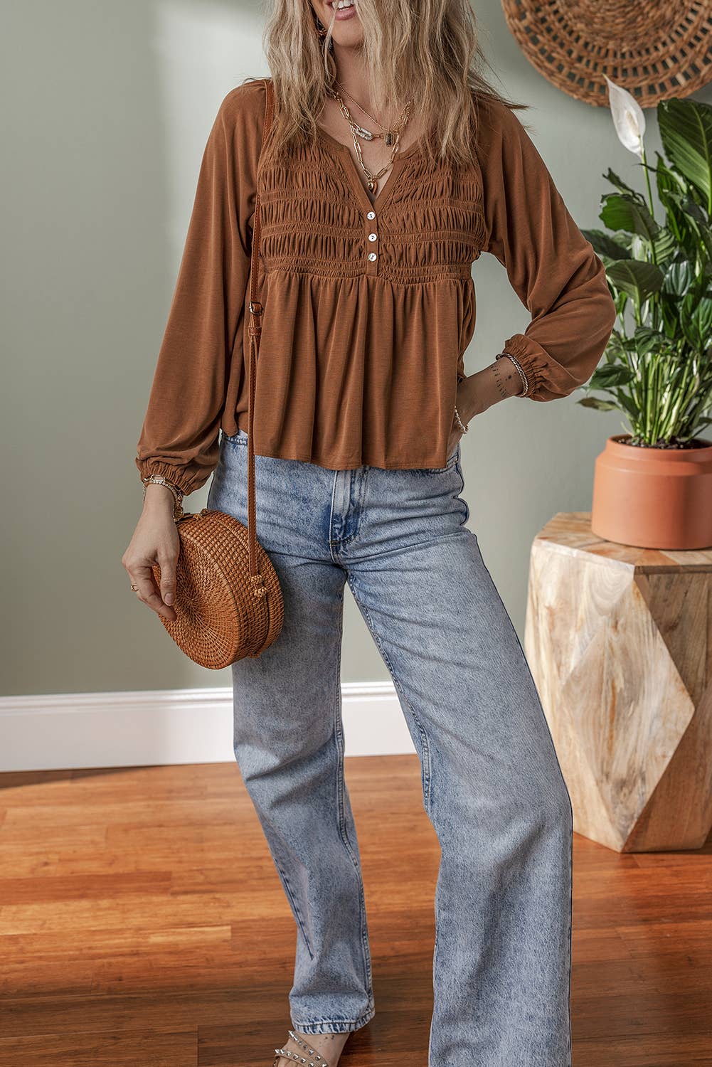 Smocked Bust Buttoned Split V Neck Flow Fit Blouse