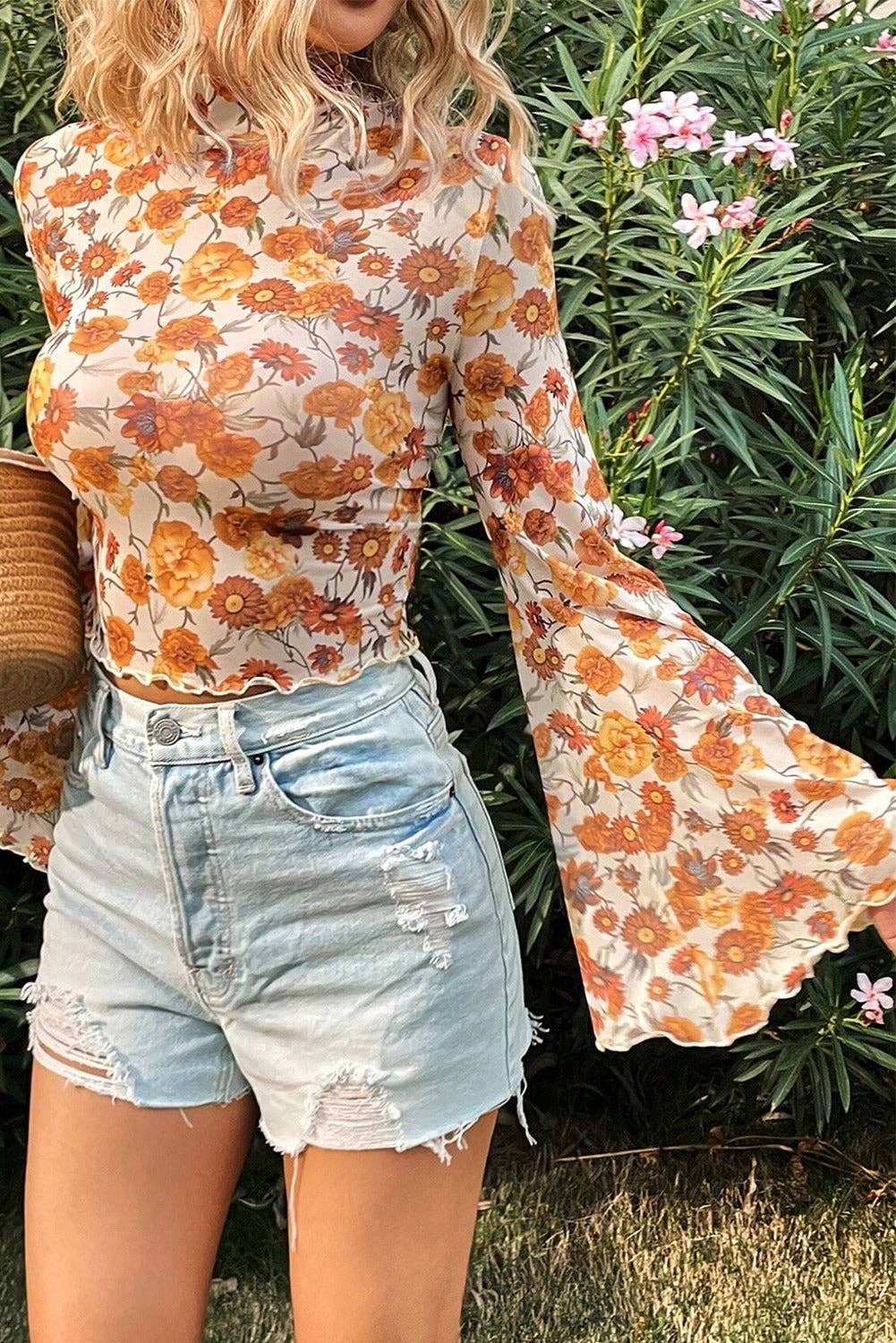 Floral Printed Bell Sleeve Mesh Neck Scallop Trim Blouse