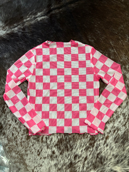 Pink Checkered Mesh Top