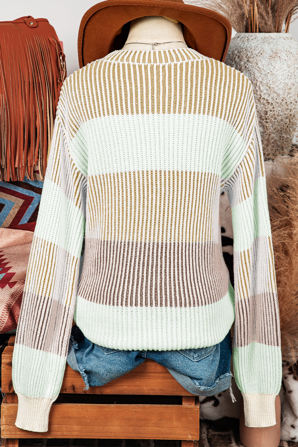 Colorblock Textured Knit Bubble Sleeve Sweater