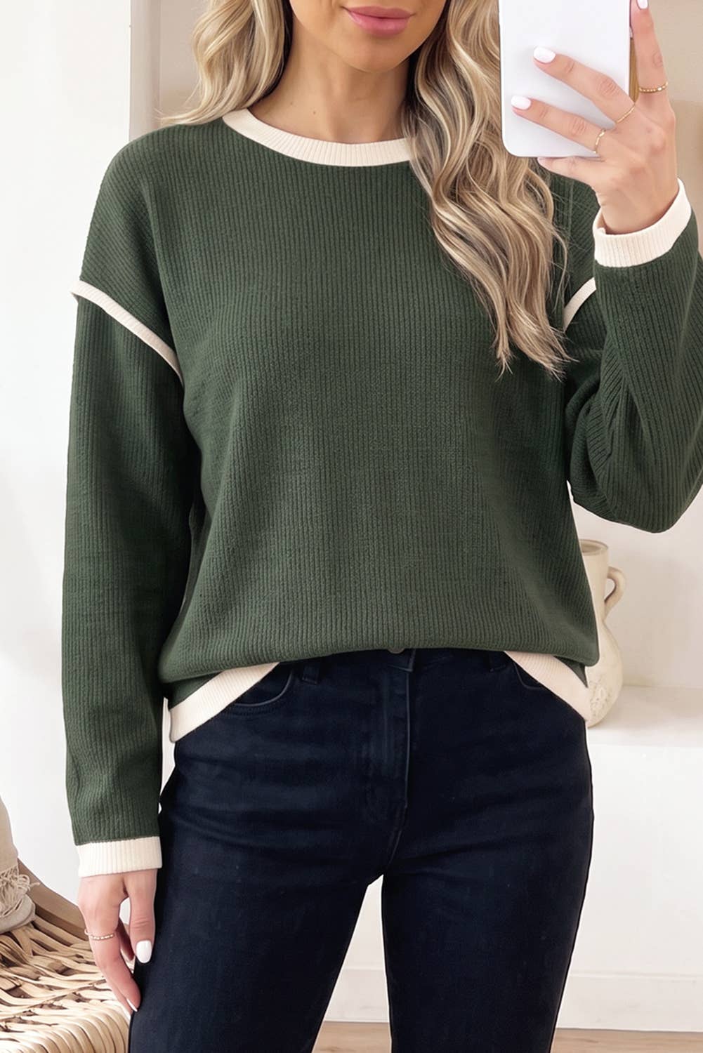 Olive +Tan Trim Knit Sweater