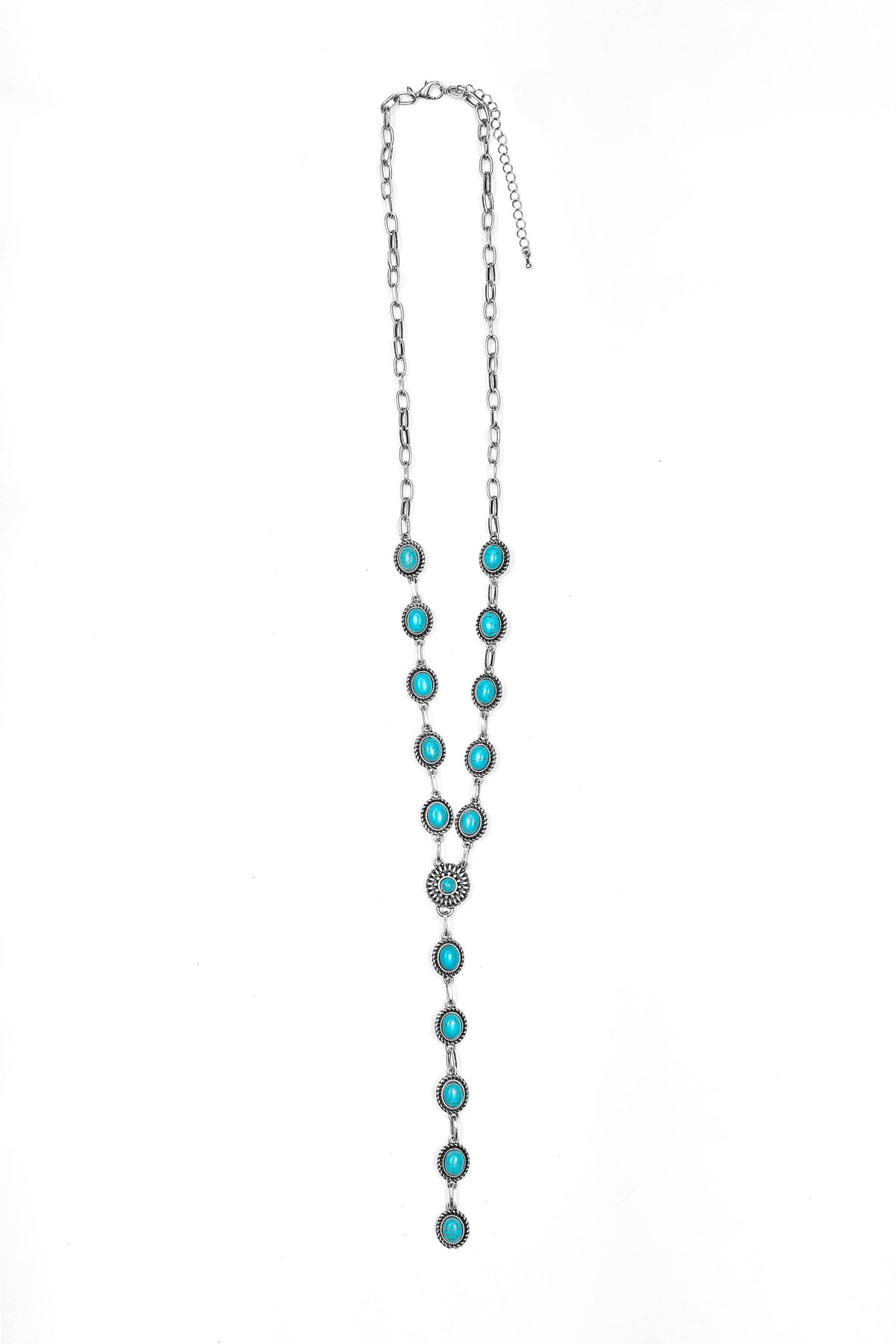 Silver Oval Turquoise Concho Lariat Style Necklace