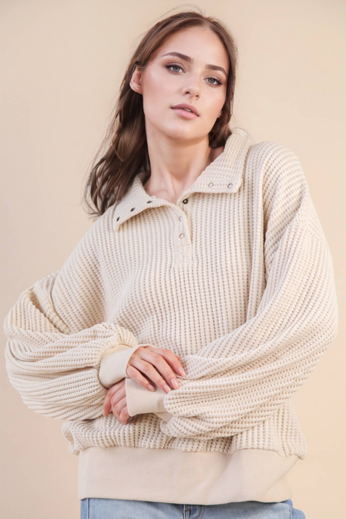 Ivory Oversized Half Button Down Casual Waffle Knit Top