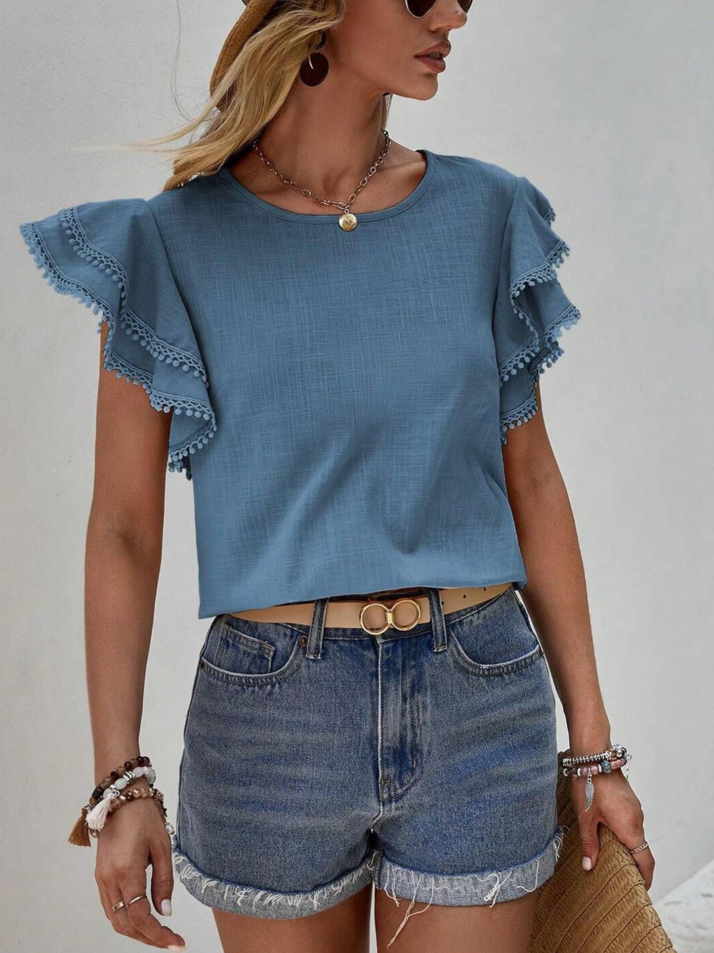 Casual Blue Ruffle Sleeve Top