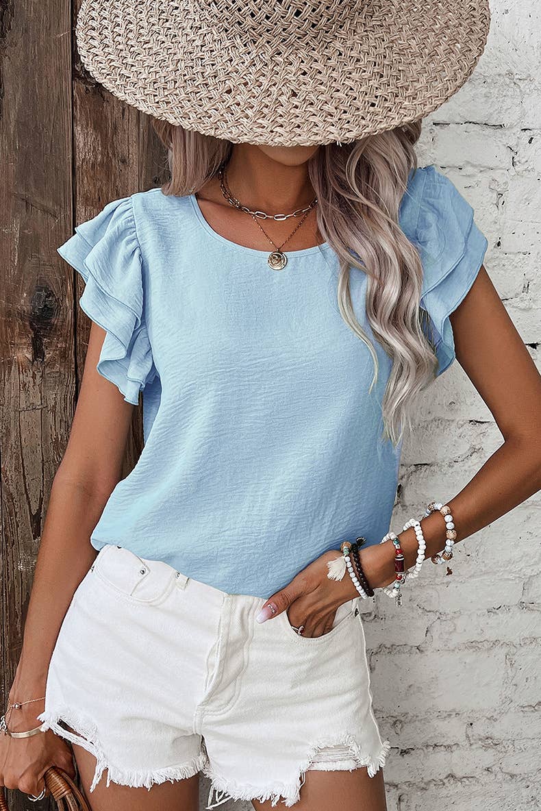Sky Blue Ruffle Flutter sleeve Top