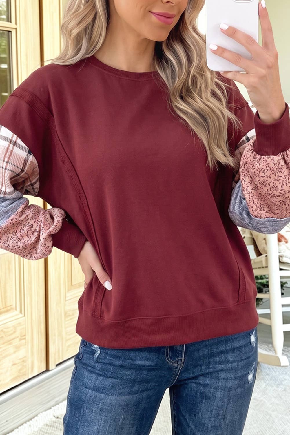 Burgundy Patchwork Sleeve Sweatshirt